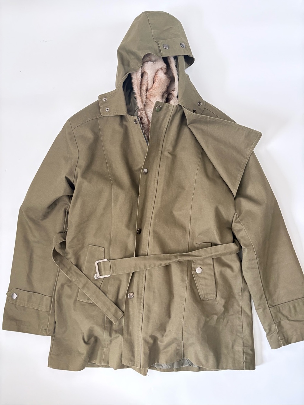 Men’s Army Green Winter Jacket with Faux Fur Removable Layer XL